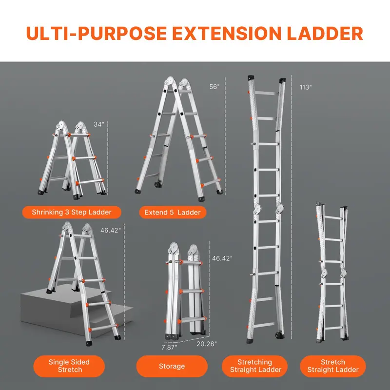 Escalera telescópica de 12.5 pies — De aluminio, ligera, multiusos y plegable — Retracción con un solo toque — Alta resistencia (capacidad máx. de 330 lb) con pies antideslizantes — Ideal para el hogar, trabajos al aire libre y acceso a desvanes.