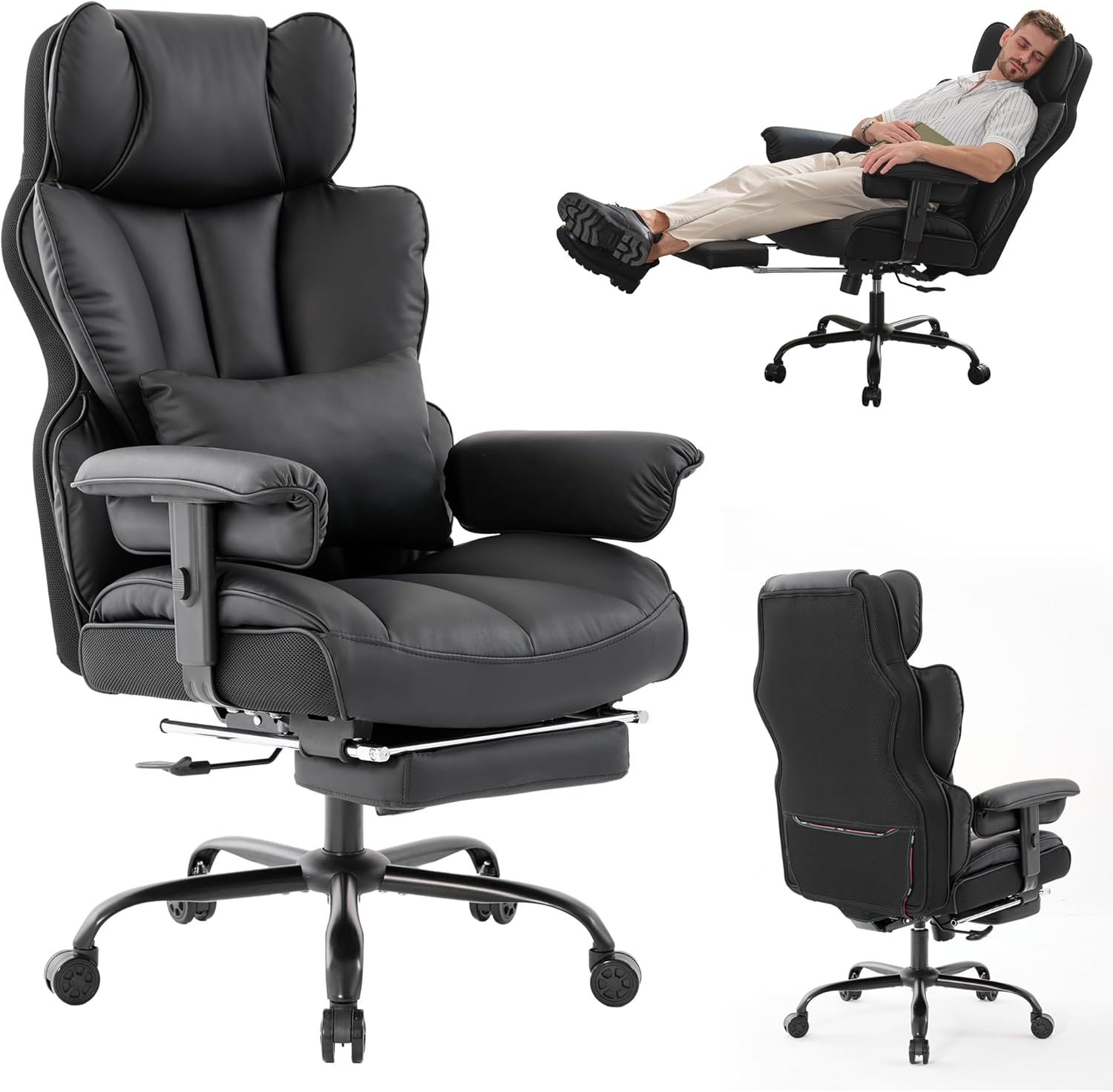 Gzagdecr - Silla de oficina grande y alta de 400 libras, silla de juego de piel sintético con respaldo alto, silla reclinable, silla de oficina ergonómica ejecutiva, soporte lumbar, silla de