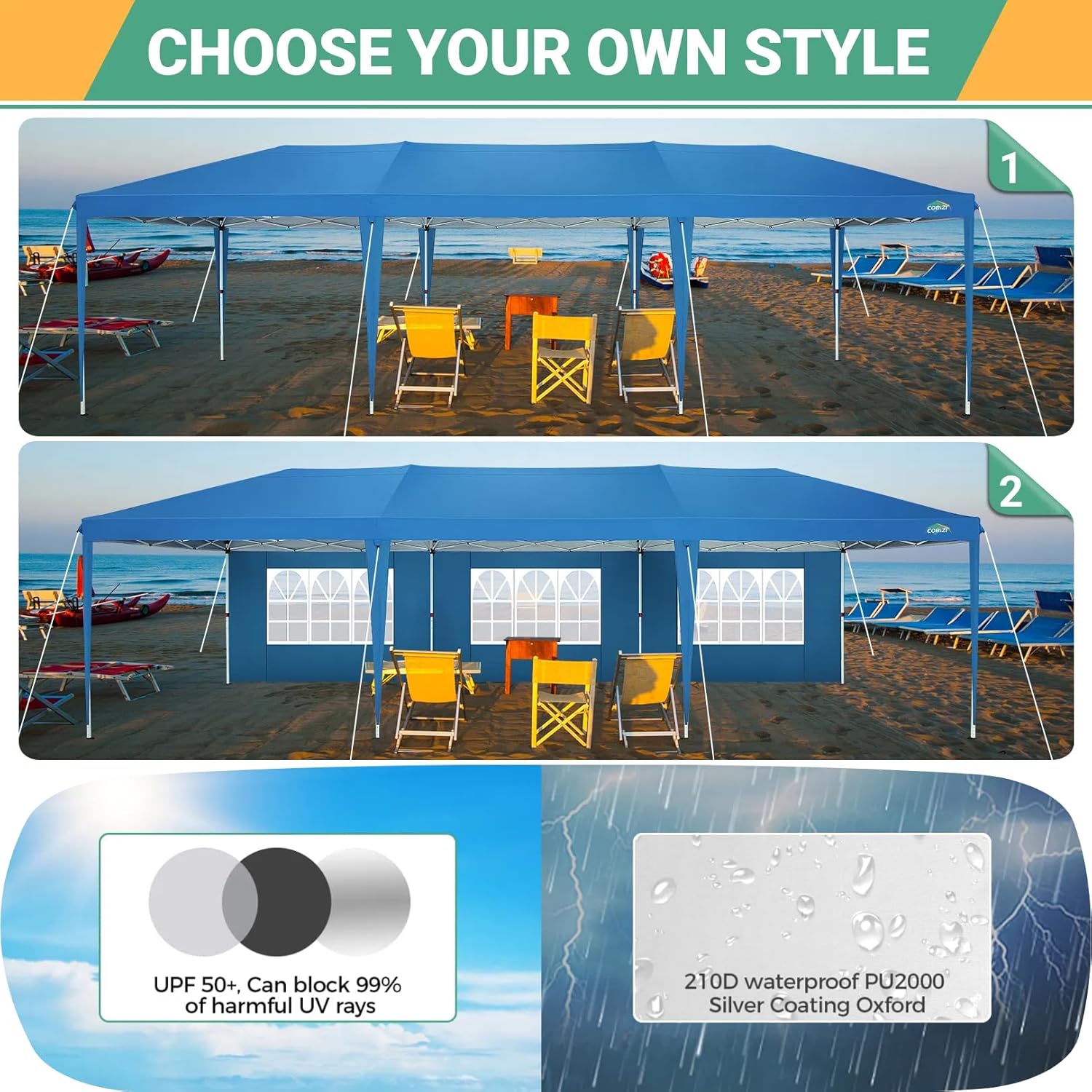 COBIZI - Toldo desplegable de 10 x 20 Pulgadas con 6 Paredes Laterales, toldo Impermeable para Eventos al Aire última intervensión, UPF 50+ cenador portátil para Fiestas, Playa, Camping, Boda,