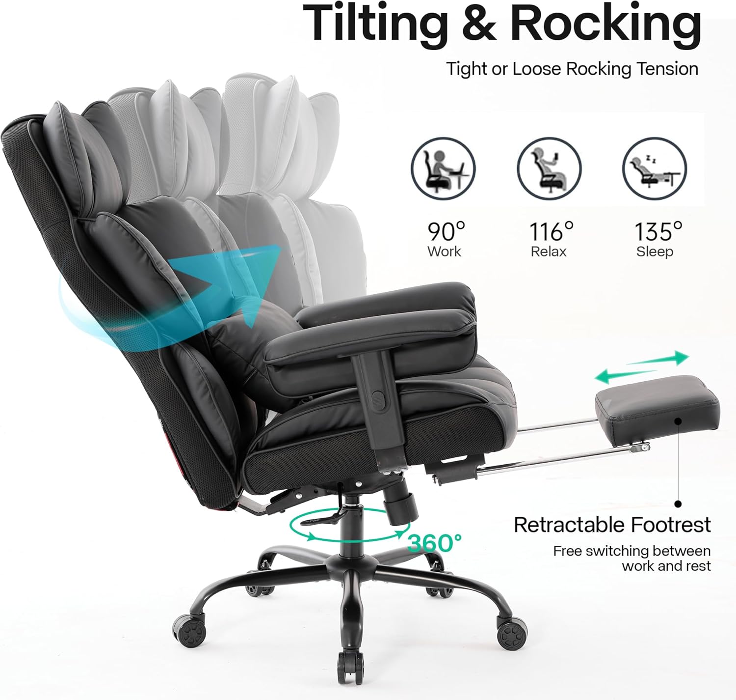 Gzagdecr - Silla de oficina grande y alta de 400 libras, silla de juego de piel sintético con respaldo alto, silla reclinable, silla de oficina ergonómica ejecutiva, soporte lumbar, silla de