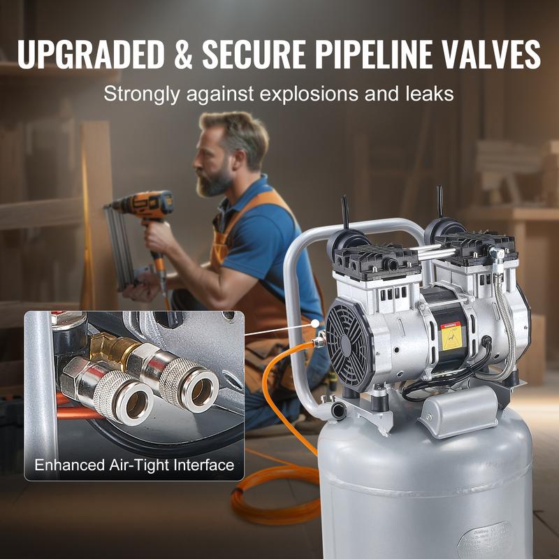 Compresor de aire VEVOR de 13 galones, 2 HP, 4.6 SCFM a 90 PSI, sin aceite, ultra silencioso (66 dB) para inflado de neumáticos, reparación de automóviles, clavado en carpintería y pintura con pistola (presión máx. de 125 PSI)
