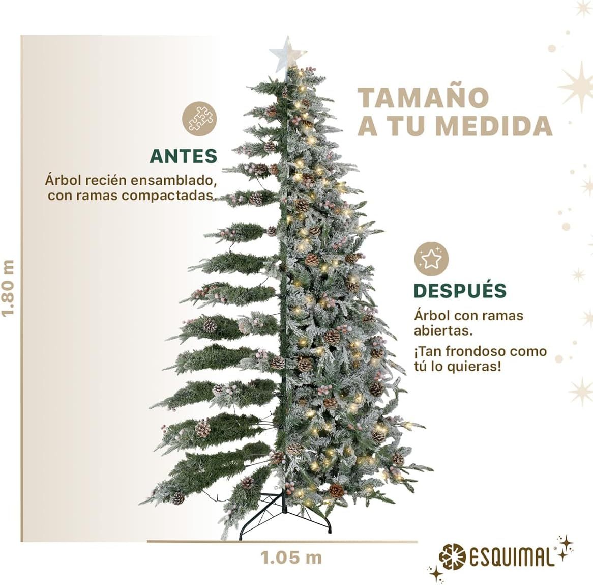 ESQUIMAL Árbol de Navidad Nevado con Luces LED 8 Modos de Iluminación + Estrella + Piñas + Bayas Rojas (1.80 m)