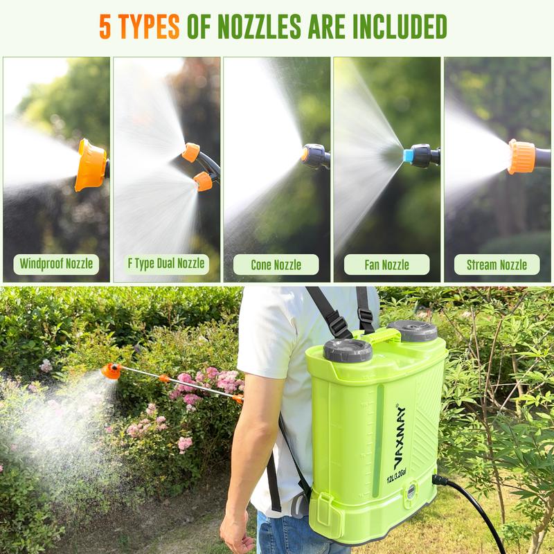 Pulverizador de mochila VAXMAY a batería, 3.2 galones, 80 PSI, pulverizador eléctrico para jardín, compatible con baterías Makita de 18 V, 5 boquillas, batería de 2.0 Ah y cargador incluidos.