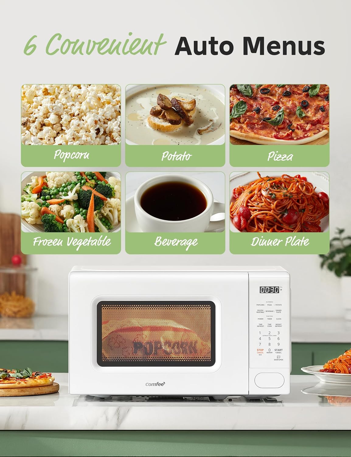 COMFEE CMO-C20M1WB - Horno de microondas para encimera, microondas pequeño de 0.7 pies cúbicos con 11 niveles de potencia, función de restablecimiento de la placa giratoria, cocción rápida,