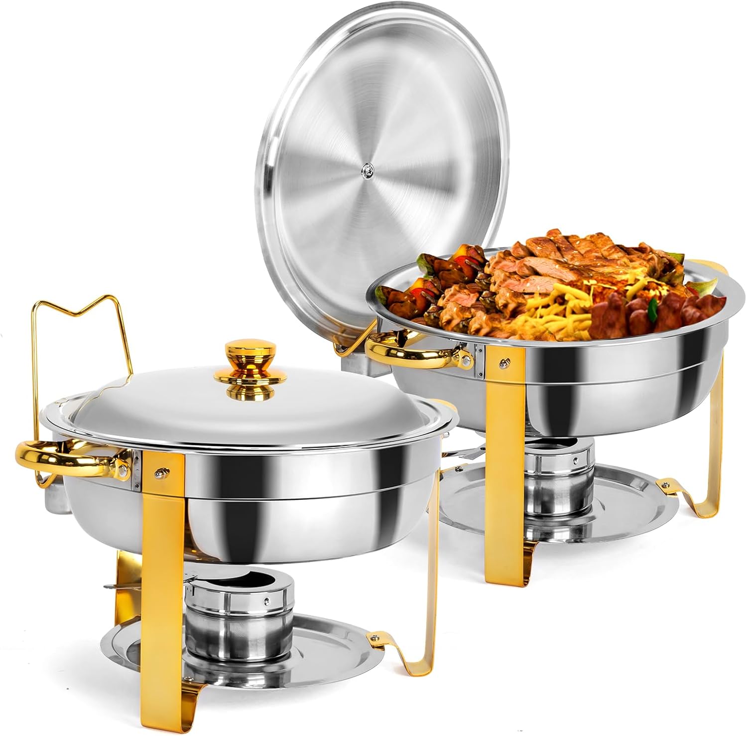  Juego de 8 platos dorados para bufé, juego de buffet redondo de 5 cuartos de galón, chafers de acero inoxidable y calentadores de buffet para fiestas, bodas, catering