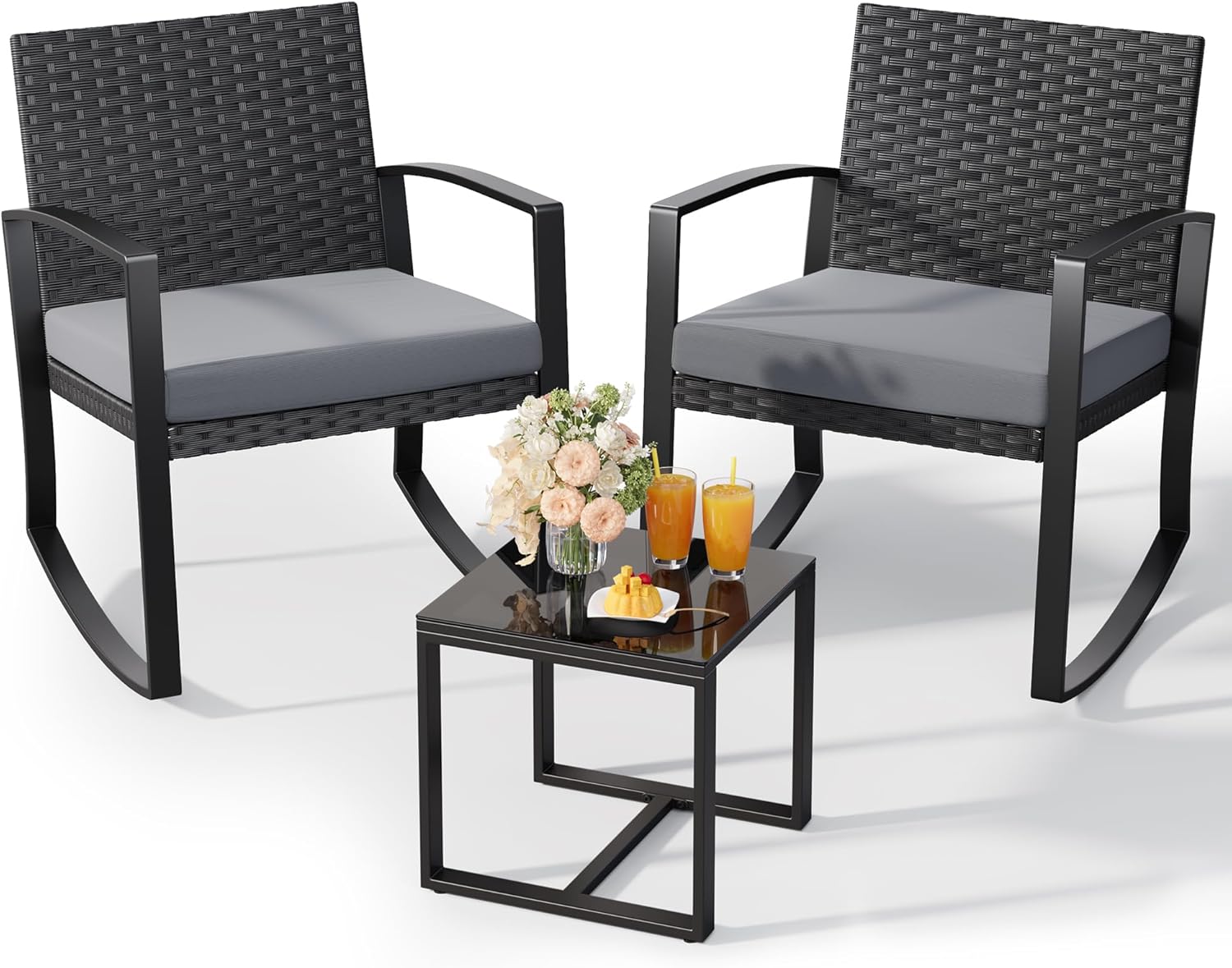 Qsun Juego de muebles de patio de 3 piezas, juego de bistró mecedor, juego de muebles de patio al aire última intervensión con mesa de centro para jardín, balcón, patio trasero, piscina (cojín negro)