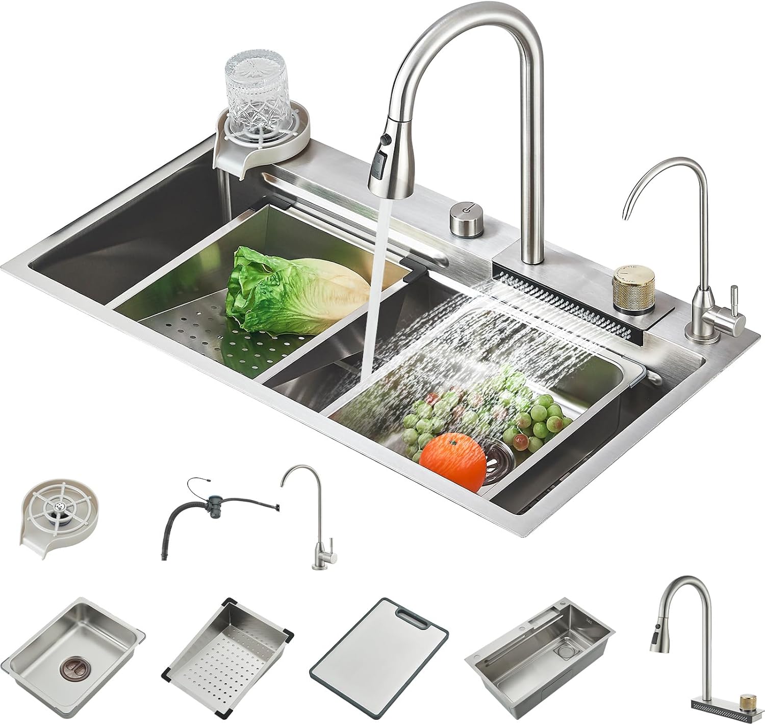 Tarjas Para Cocina Acero Inoxidable Fregadero De Cocina con Extraíble Grifo Engrosado, Cocina Integral con Dispensador de jabón Colador de Drenaje y Accesorios (Tamaño : 60x46cm)