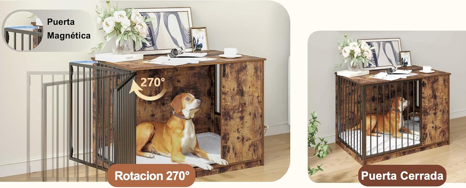 MU:4LIFE Jaula Estilo Mueble para Perro, Puerta de Rotación 270°, 2 Tazones de Giratorios 360° y Cojín de Doble Cara. Casa de Perro de Uso Interior y Alta Resistencia (Atigrado, Mediano)