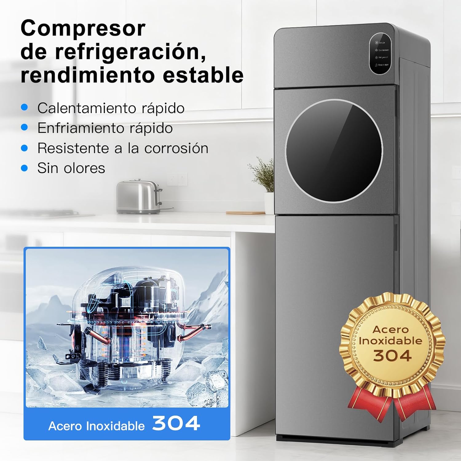 Dispensador de Agua con Garrafón Oculto, 3 Grifos Agua Helada (8°C), Fría y Caliente, Enfriador de Aguas de Acero Inoxidable, Bloqueo de Seguridad, Elegante Diseño, para Hogar Oficina Gimnasio