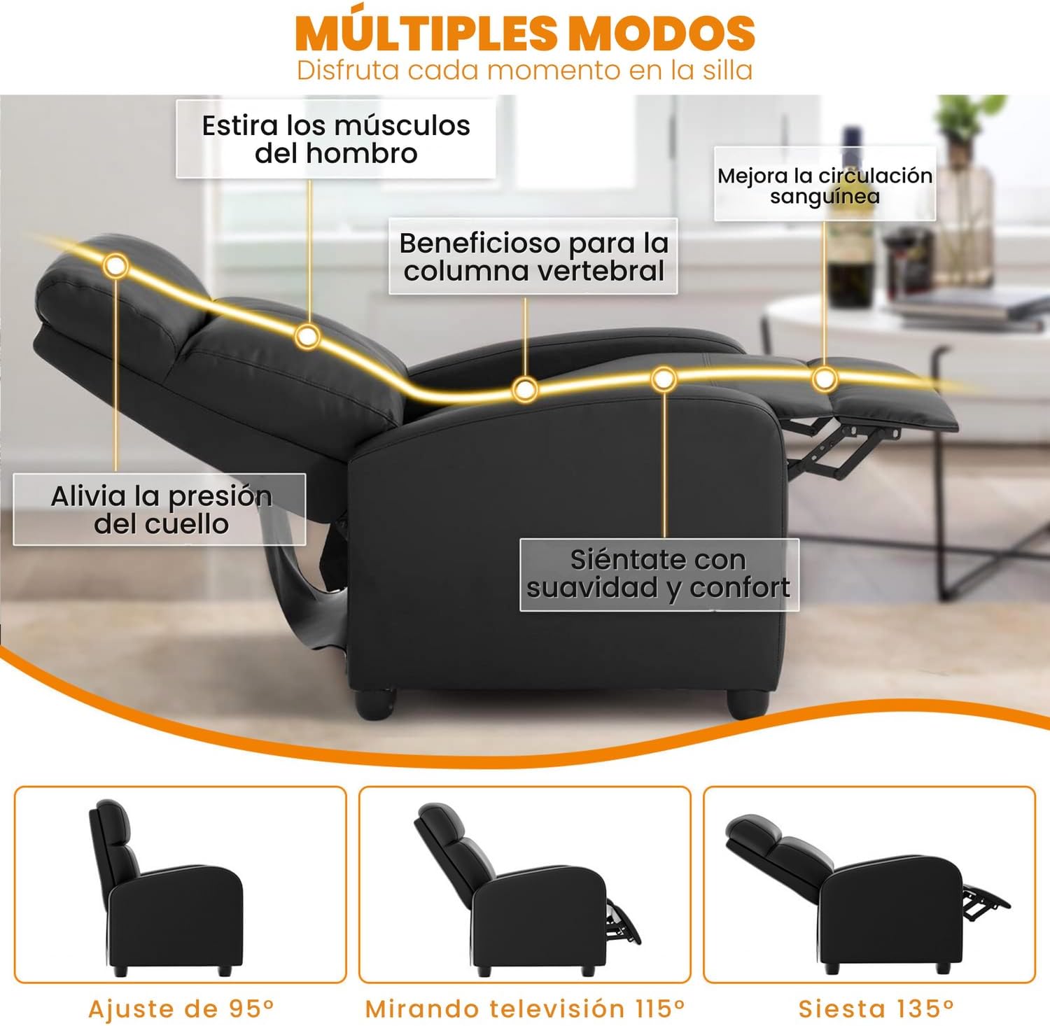 FABATO Sillon Individual - Sillon Reclinable Adultos Tipo Cine 8 Modos de Masaje con Soporte Lumbar, Reposapiés Retráctil y 3 Posiciones - Tu Sofa Adulto de Cuero Ideal para tu casa (Negro)