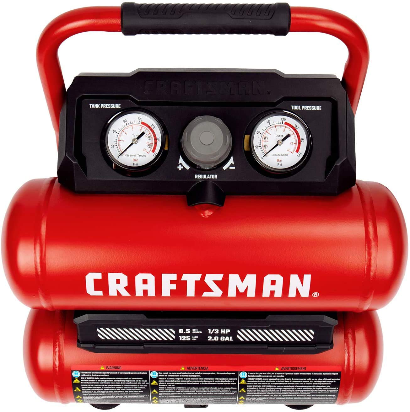 CRAFTSMAN Compresor de aire, compresor de aire portátil de 2 galones, tanque doble, 1/3 HP sin aceite, presión máxima de 125 PSI, modelo: CMXECXA0220242, rojo