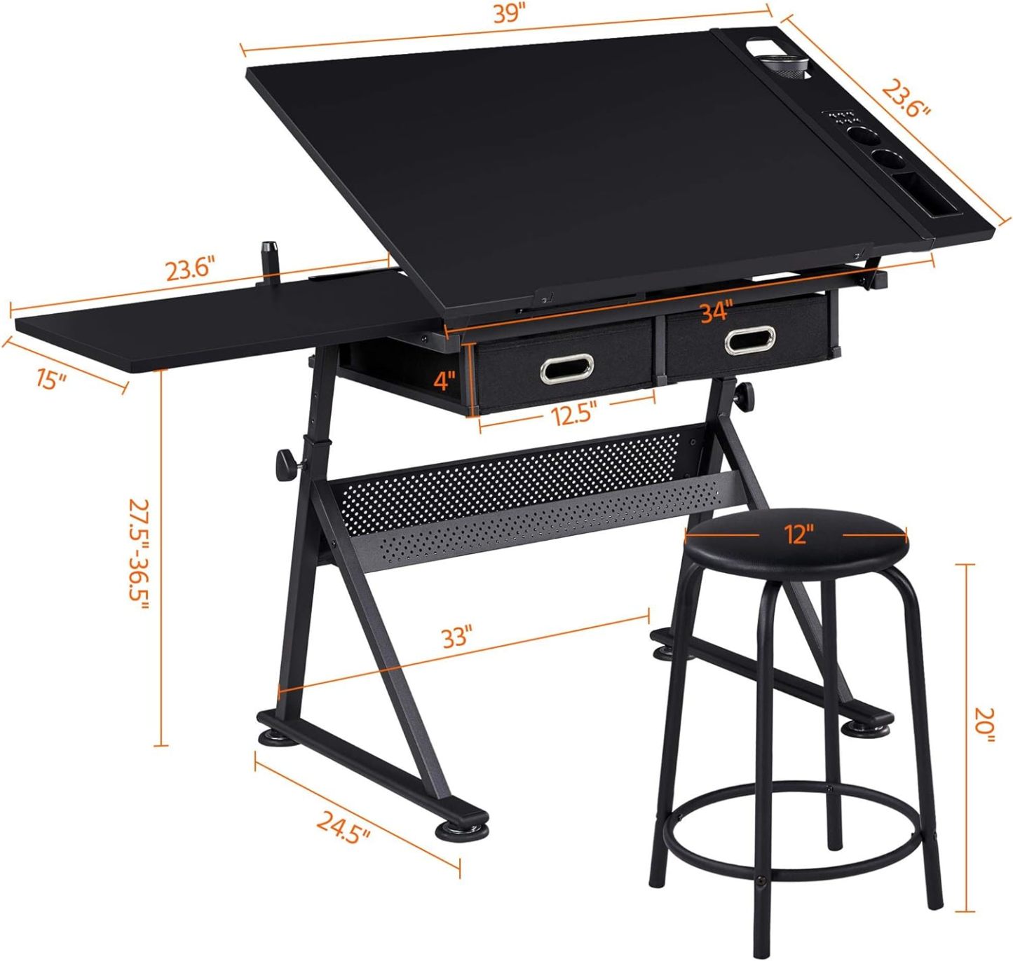Yaheetech - computadora de arte blanco ajustable en altura para adultos, mesa inclinable de dibujo con computadora extragrande y cajones, juego de mesa y silla plegable para manualidades con taburetes
