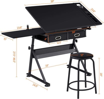 Yaheetech - computadora de arte blanco ajustable en altura para adultos, mesa inclinable de dibujo con computadora extragrande y cajones, juego de mesa y silla plegable para manualidades con taburetes