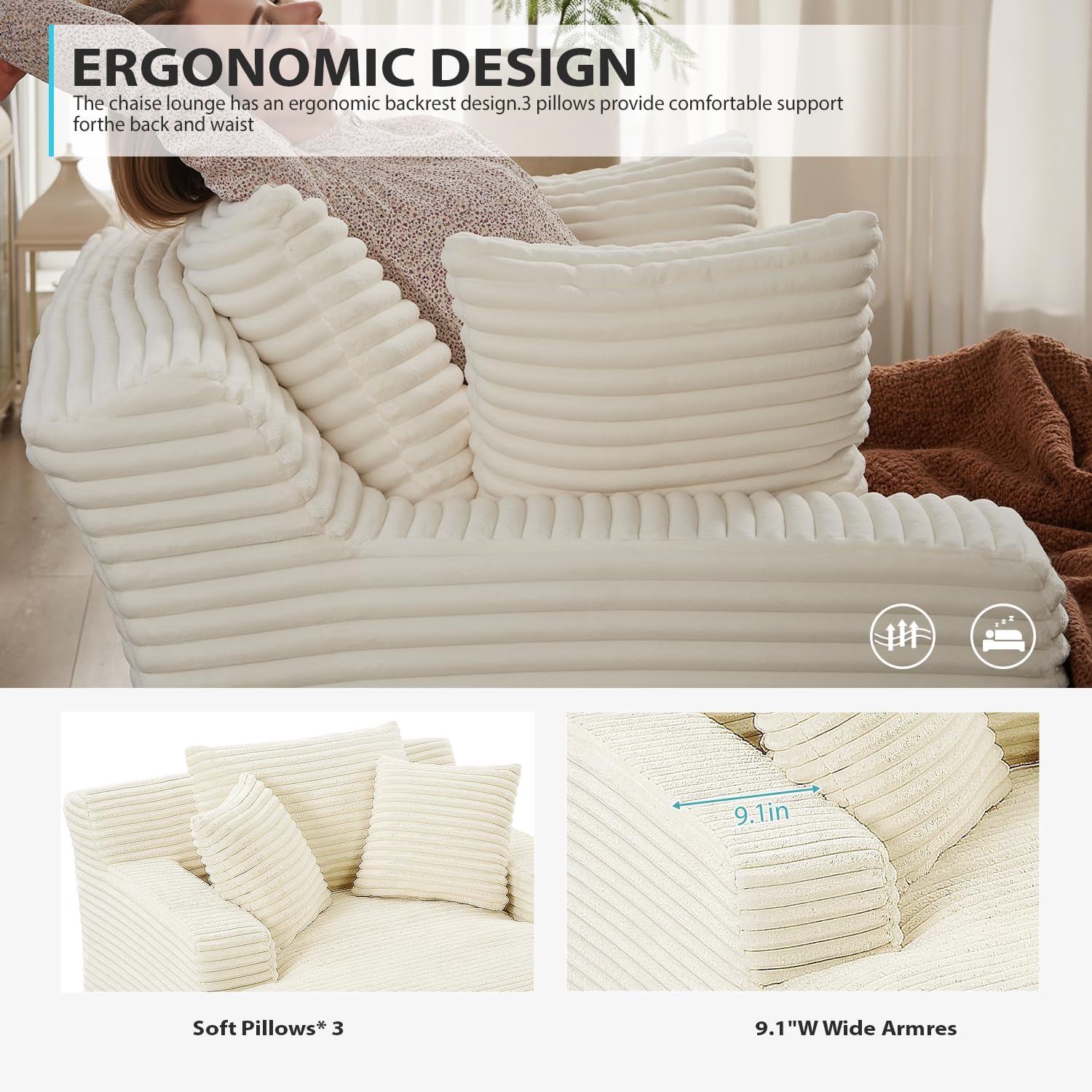 Ivoros - Chaise longue de 50 pulgadas para interior, sofá cama tapizado de pana de gran tamaño con asiento profundo, sillones de lectura, sofás tipo nube para sala de estar, no requiere montaje (beige