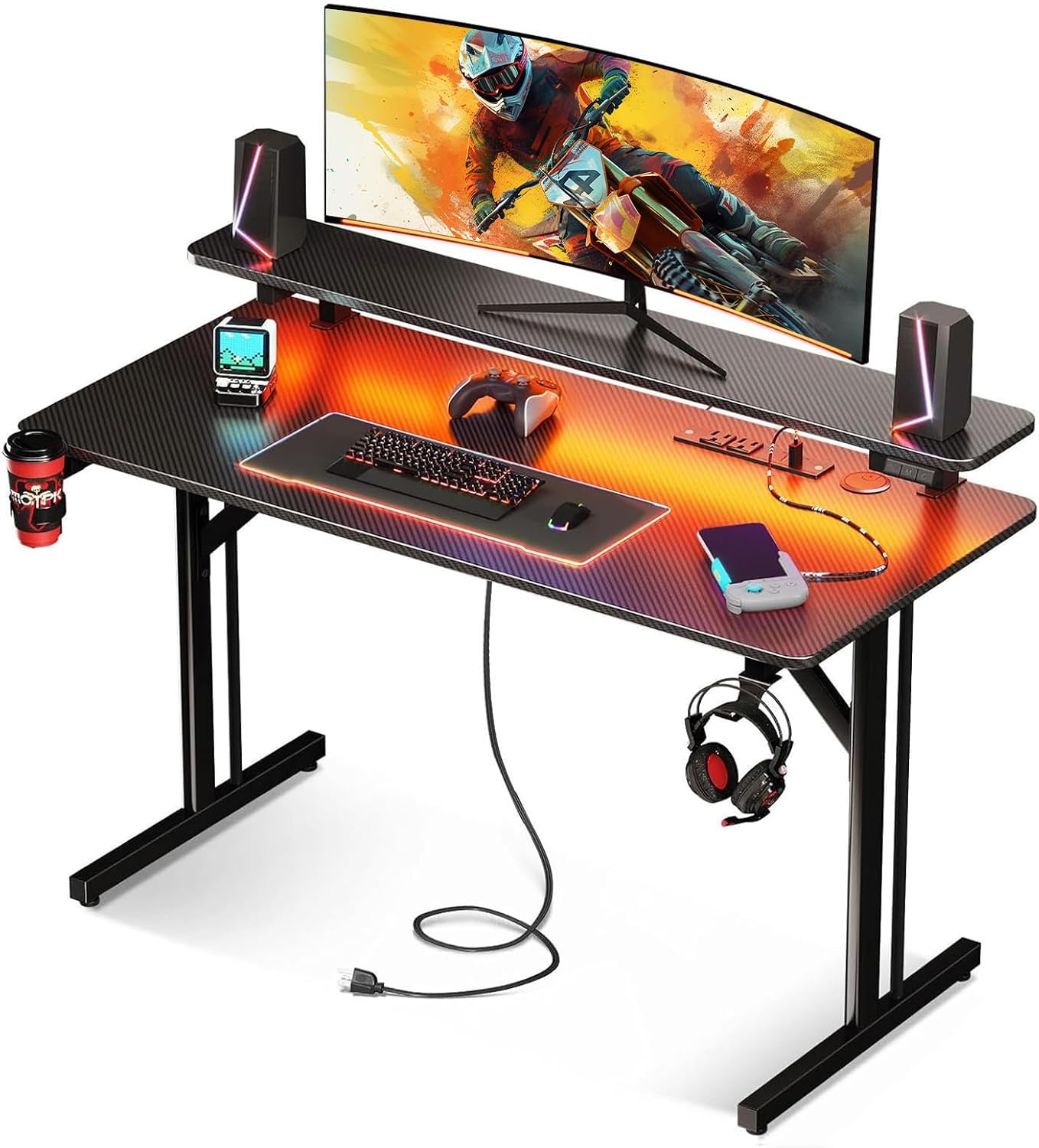 🎧SAFONUS Escritorio Gamer RGB 1M con Luces LED, Soporte para Monitor | 🎮Enchufes Integrados, Gancho para Audífonos, Superficie de Fibra de Carbono Impermeable, Mesa para PC Gaming Negra