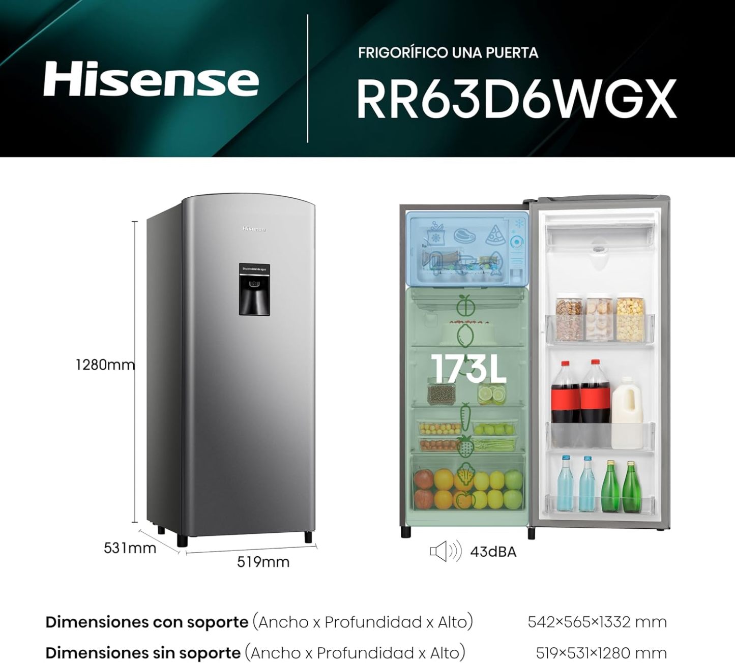 Refrigerador Hisense de 173 L con Congelador Interno, Dispensador de Agua, Iluminación LED y Deshielo Semiautomático