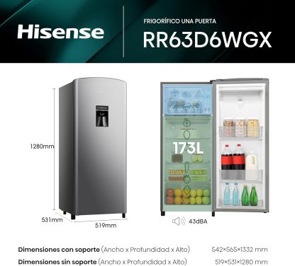 Refrigerador Hisense de 173 L con Congelador Interno, Dispensador de Agua, Iluminación LED y Deshielo Semiautomático