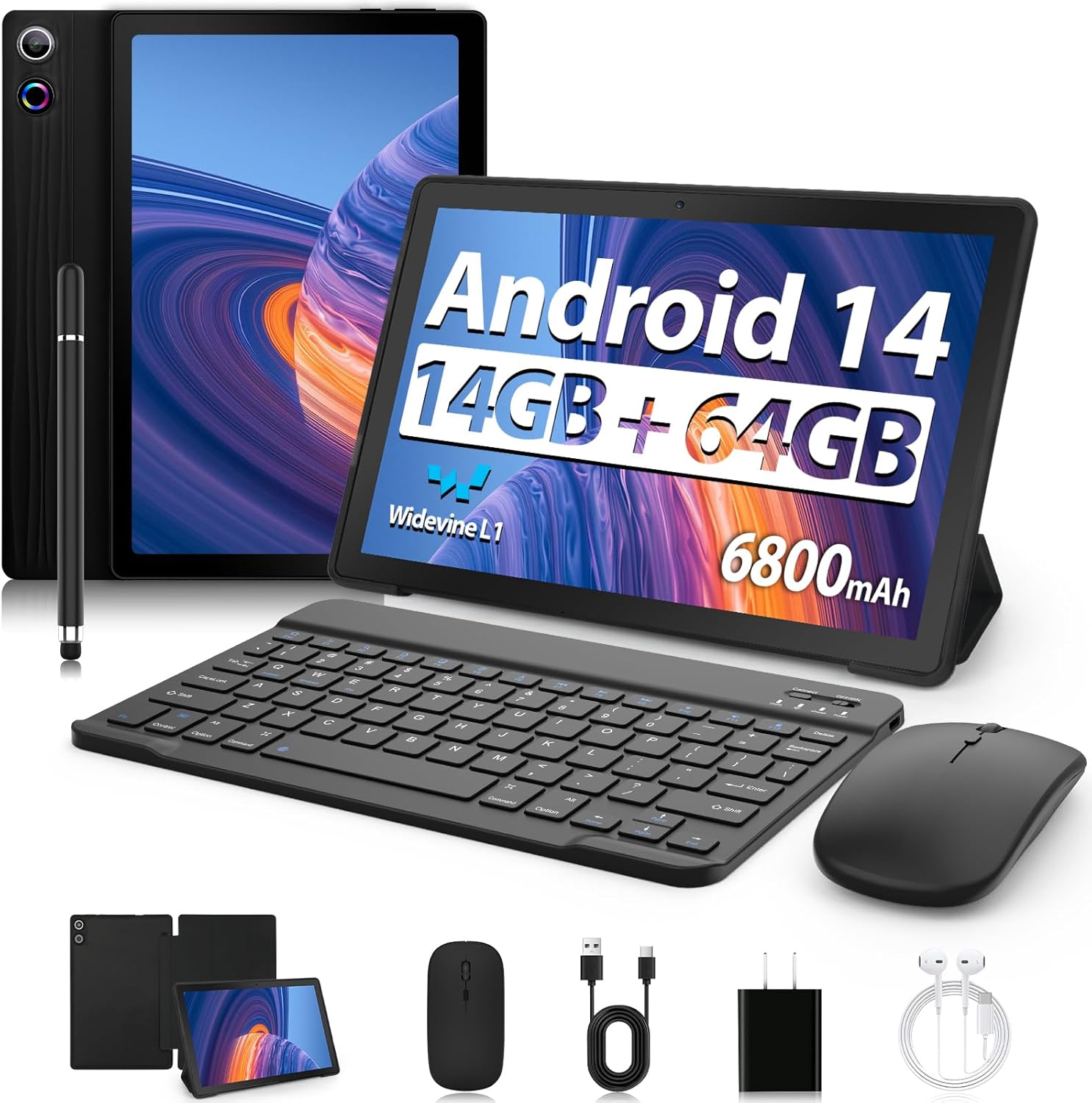 Android Tablet, 14 GB RAM+64 GB ROM (TF 1TB), 11 pulgadas Android 14 Octa-Core, 6800mAh, Widevine L1, WiFi 6, 8 en 1 Tablet con teclado, mouse, funda protectora, lápiz óptico, auriculares,