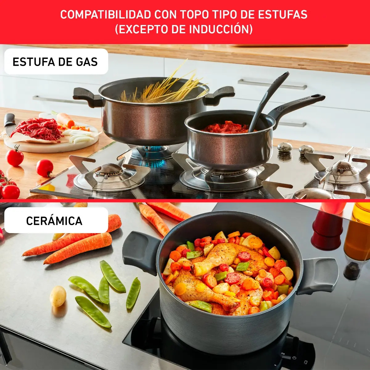Batería de Cocina T-Fal de 26 piezas, con antiadherente Titanium, base de difusión y termo señal, Supercook Roja, B464SZ84