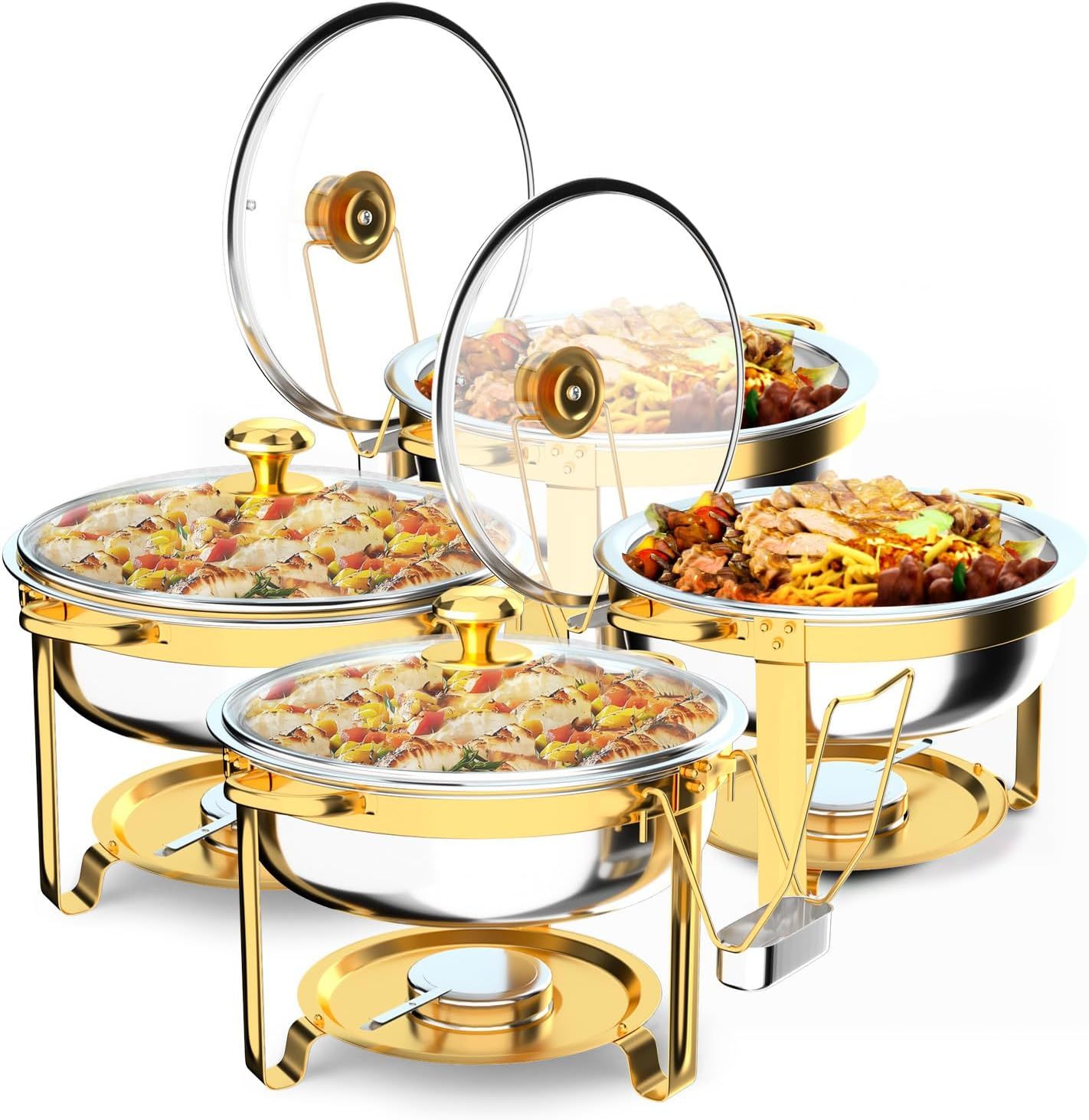  Juego de 8 platos dorados para bufé, juego de buffet redondo de 5 cuartos de galón, chafers de acero inoxidable y calentadores de buffet para fiestas, bodas, catering