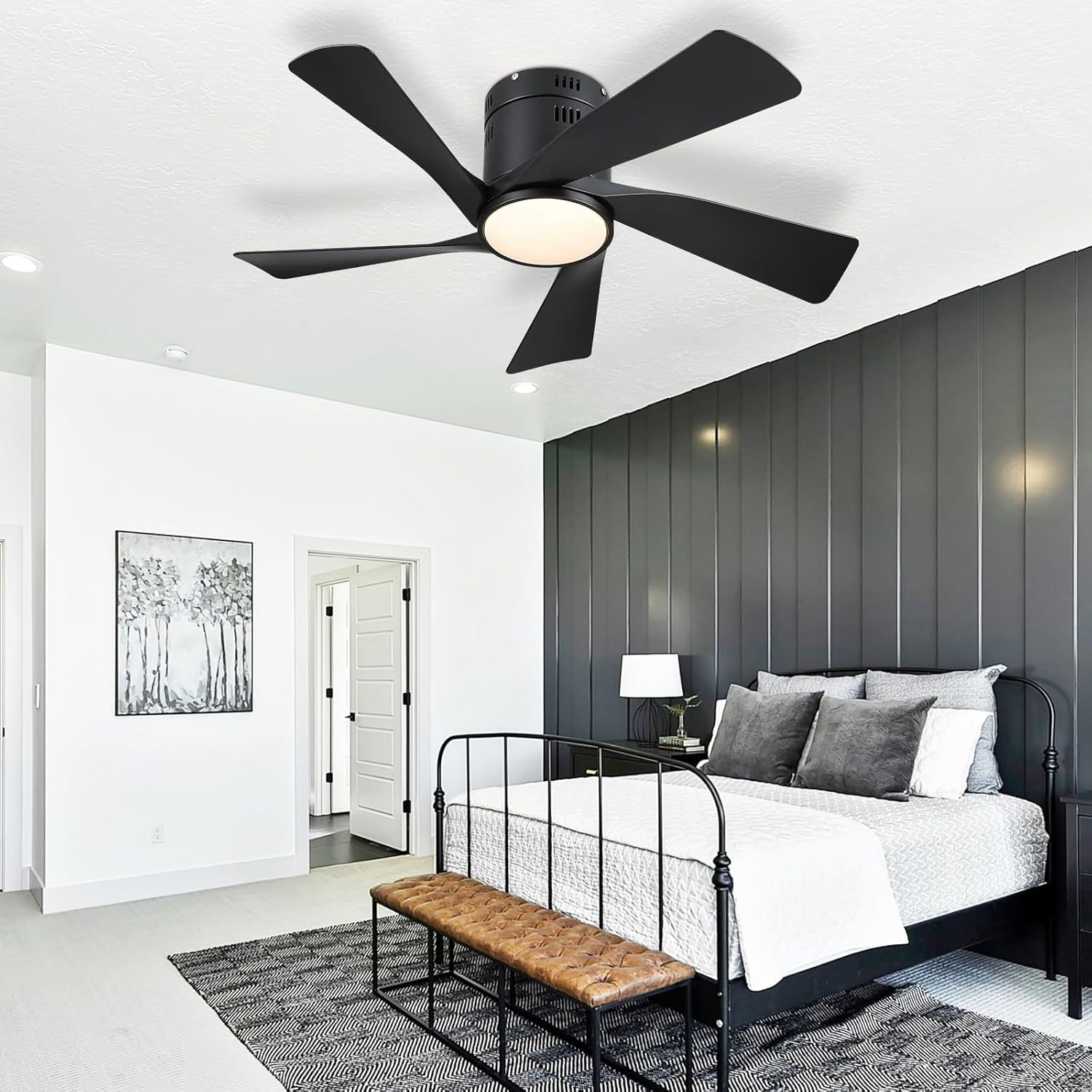 CHESUR - Ventiladores de techo negros con luces – Ventilador de techo de perfil bajo de montaje empotrado de 36 pulgadas con mando a distancia/aplicación, regulable y 3CCT, reversible, moderno