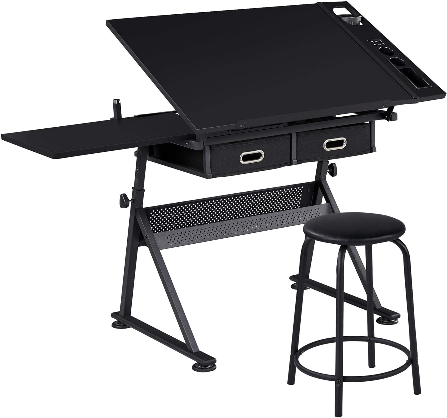 Yaheetech - computadora de arte blanco ajustable en altura para adultos, mesa inclinable de dibujo con computadora extragrande y cajones, juego de mesa y silla plegable para manualidades con taburetes