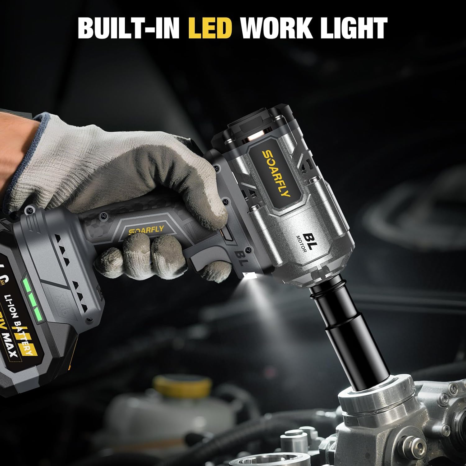 Llave de impacto inalámbrica mejorada de 1/2", 900 pies-libras (1200 Nm) sin escobillas, llave de impacto de alto par de 21 V con 2 baterías de 4.0Ah, velocidad variable para automóvil, camión