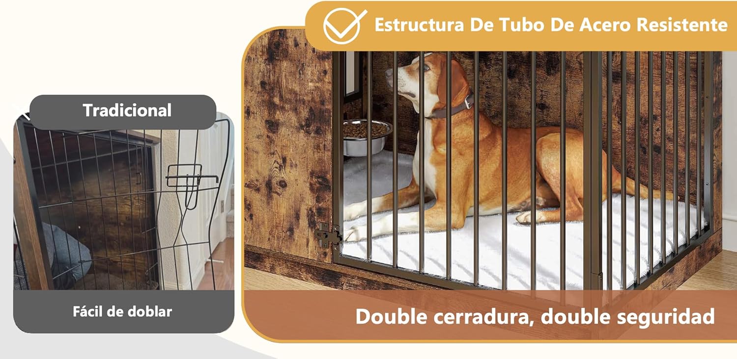 MU:4LIFE Jaula Estilo Mueble para Perro, Puerta de Rotación 270°, 2 Tazones de Giratorios 360° y Cojín de Doble Cara. Casa de Perro de Uso Interior y Alta Resistencia (Atigrado, Mediano)