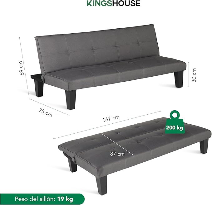 Kingshouse | Sofá Cama Individual Plegable – Sillón MIA – Estructura Madera – Tapizado en Lino Suave – Compacto y Multifuncional – Gris Oscuro