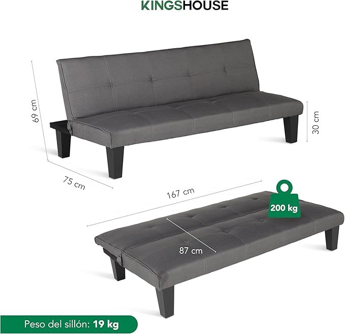 Kingshouse | Sofá Cama Individual Plegable – Sillón MIA – Estructura Madera – Tapizado en Lino Suave – Compacto y Multifuncional – Gris Oscuro