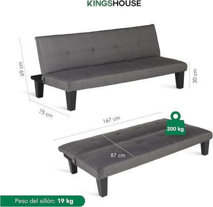 Kingshouse | Sofá Cama Individual Plegable – Sillón MIA – Estructura Madera – Tapizado en Lino Suave – Compacto y Multifuncional – Gris Oscuro