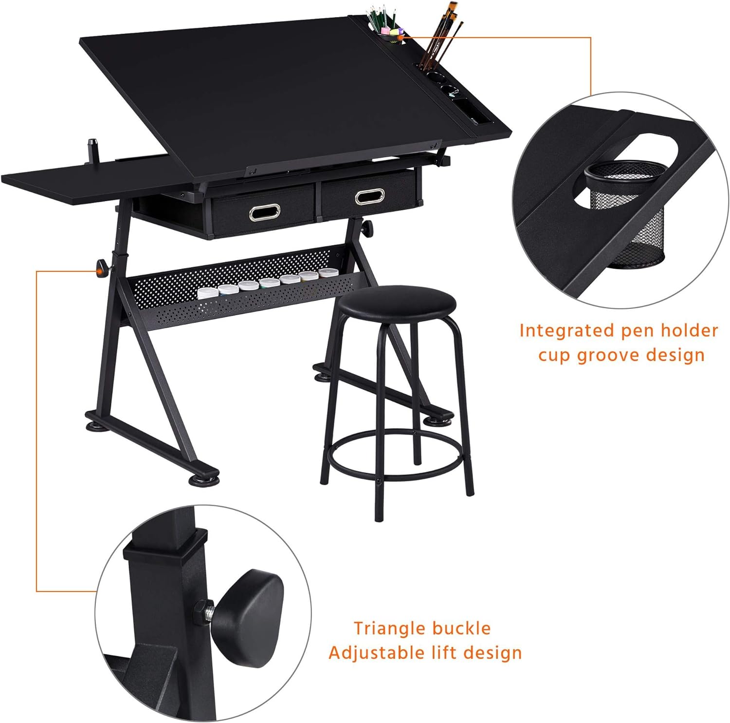 Yaheetech - computadora de arte blanco ajustable en altura para adultos, mesa inclinable de dibujo con computadora extragrande y cajones, juego de mesa y silla plegable para manualidades con taburetes
