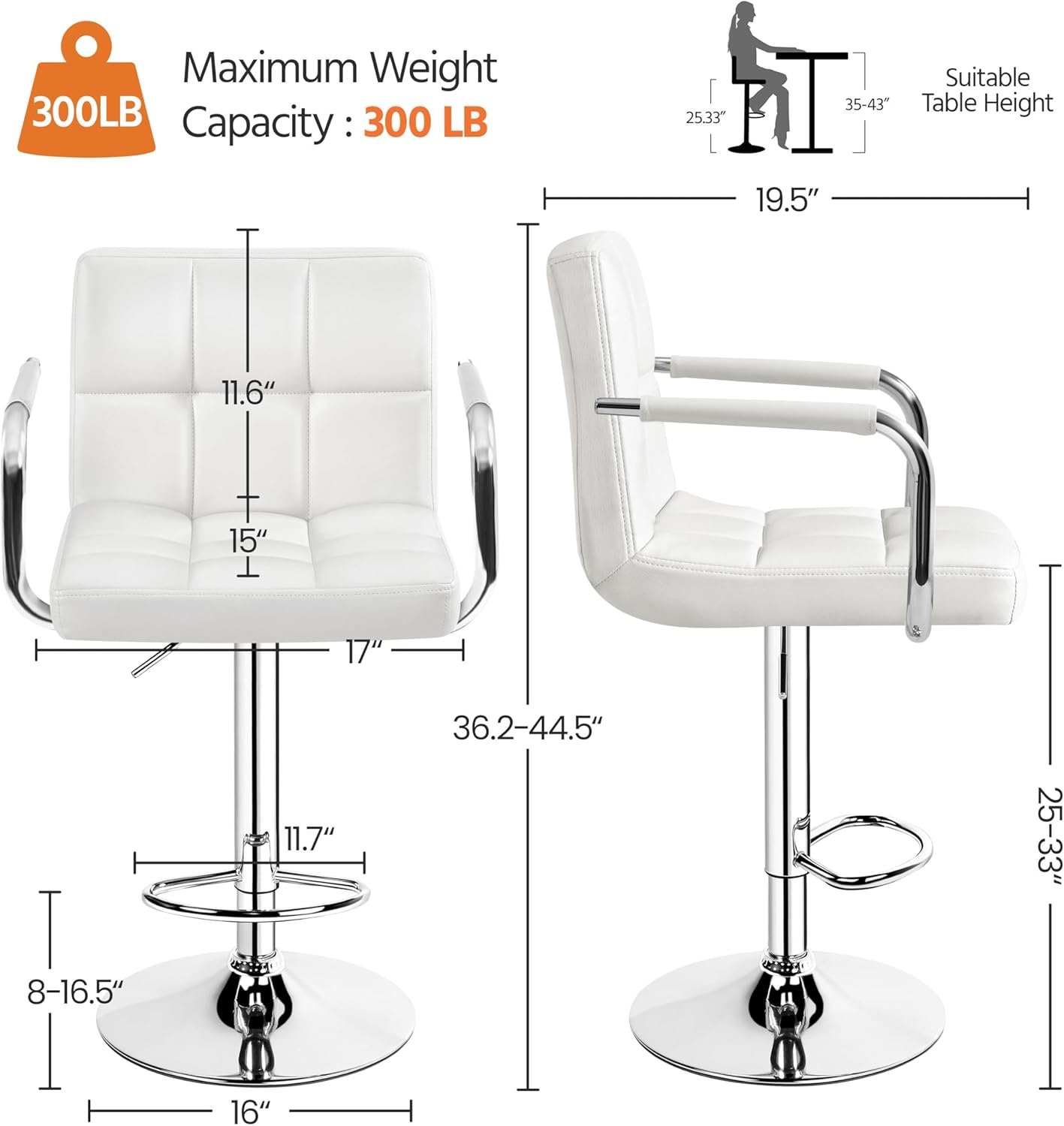 Juego de 2 taburetes de Bar giratorios Ajustables de Piel sintética, sillas hidráulicas de Barra con reposabrazos y Respaldo para Bar, Cocina, Comedor, Color Blanco