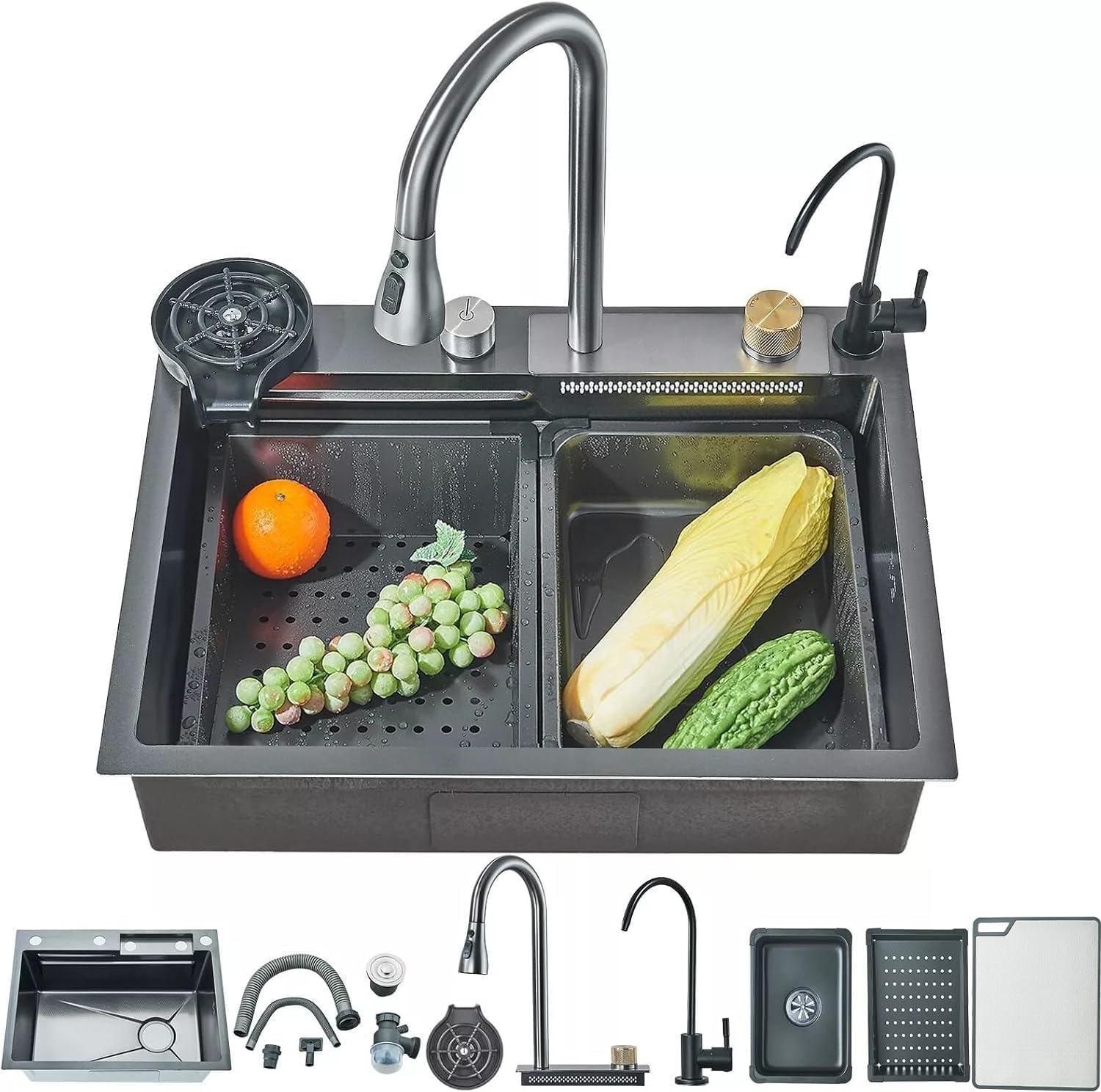 Tarjas Para Cocina Acero Inoxidable Fregadero De Cocina con Extraíble Grifo Engrosado, Cocina Integral con Dispensador de jabón Colador de Drenaje y Accesorios (Tamaño : 60x46cm)