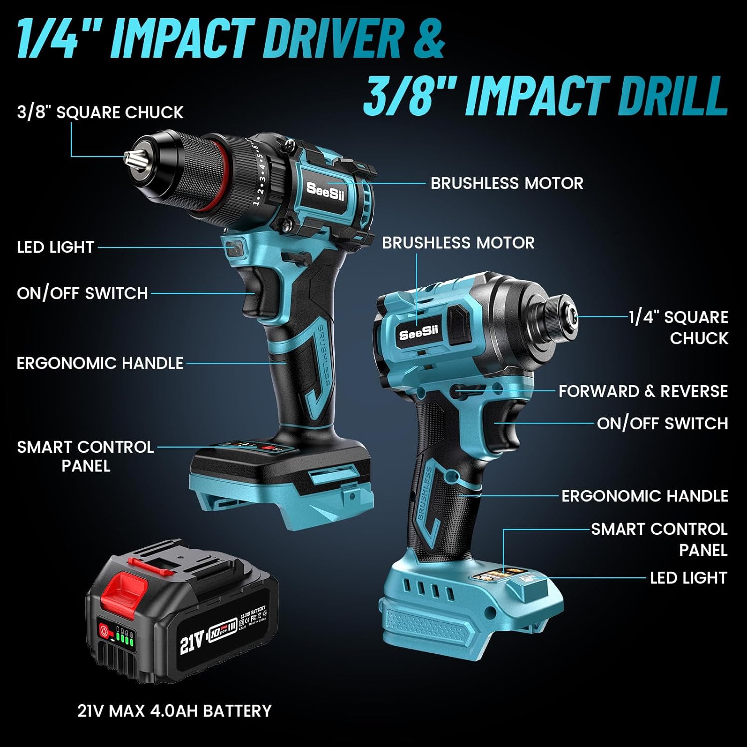 SEESII - Taladro inalámbrico y destornillador de impacto de 21 V máximo, kit combinado de herramientas eléctricas incluido taladro de 3/8 pulgadas y driver de impacto de 1/4 pulgadas, 2 baterías de