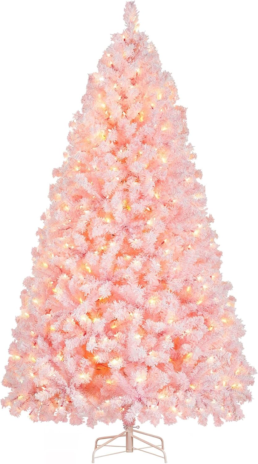 Yaheetech Árbol de Navidad artificial preiluminado de 6 pies con luces incandescentes blancas cálidas, árbol de Navidad con 820 puntas de rama, 250 luces incandescentes y soporte plegable, color rosa
