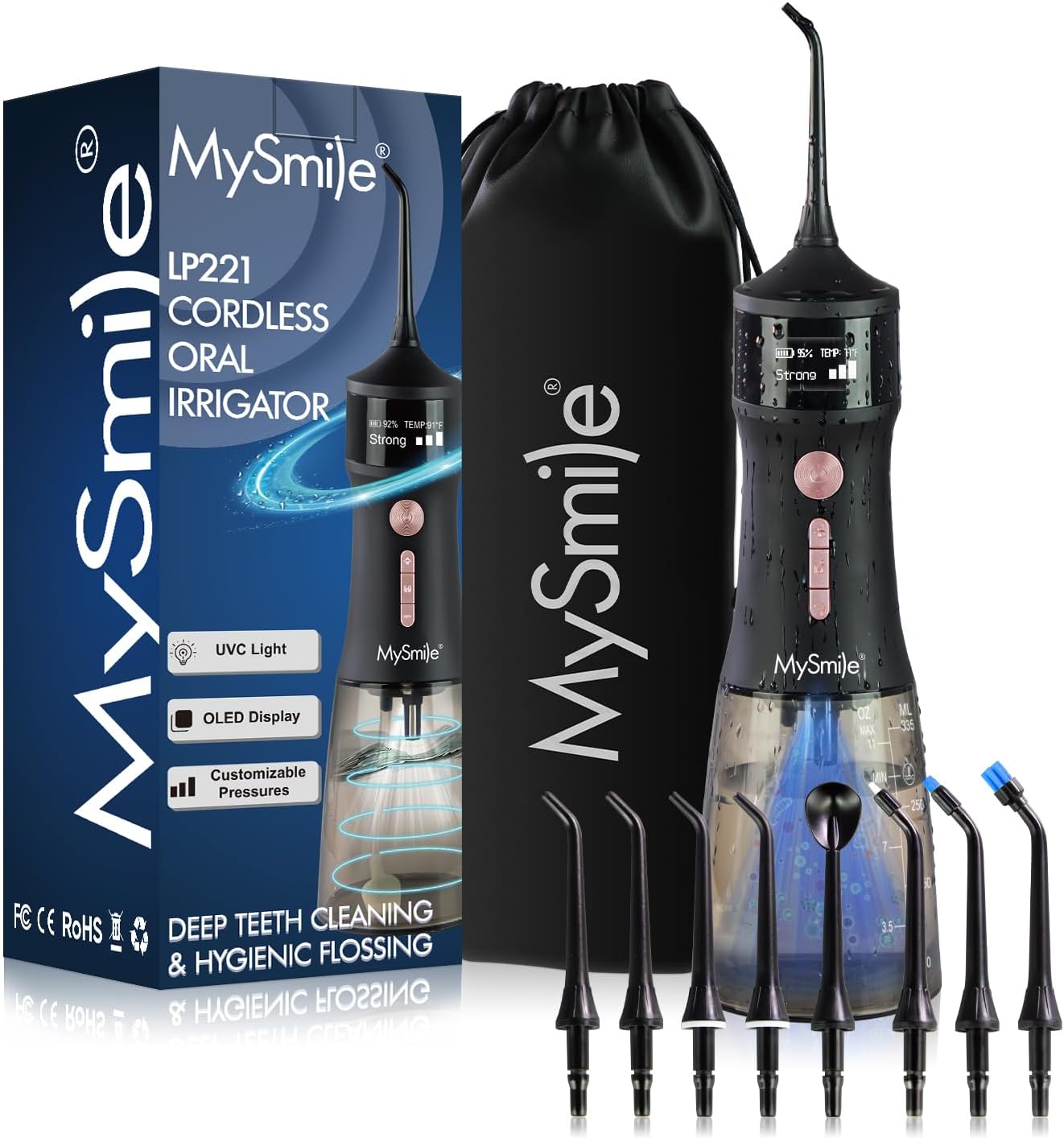 MySmile Irrigador Bucal Portátil, 5 Modos, 50–150 PSI, Depósito de 350 ml, 8 Boquillas y Recarga USB — Paquete de 3