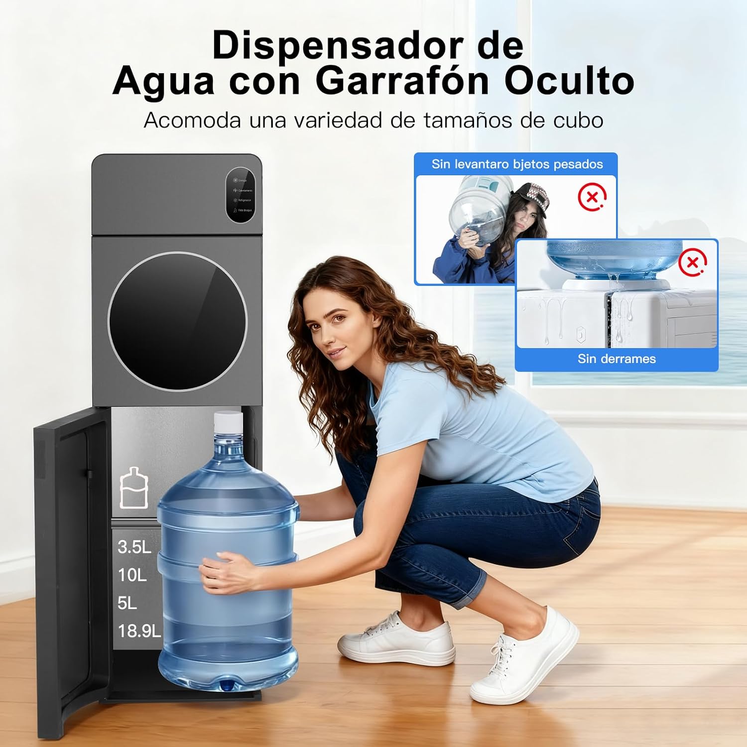 Dispensador de Agua con Garrafón Oculto, 3 Grifos Agua Helada (8°C), Fría y Caliente, Enfriador de Aguas de Acero Inoxidable, Bloqueo de Seguridad, Elegante Diseño, para Hogar Oficina Gimnasio