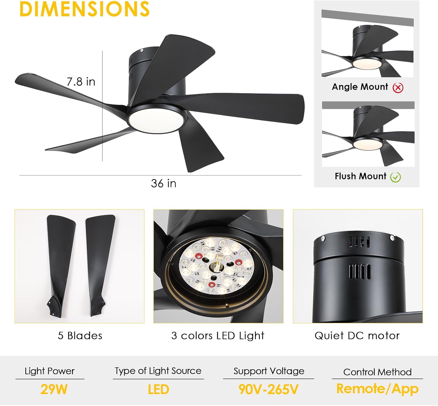 CHESUR - Ventiladores de techo negros con luces – Ventilador de techo de perfil bajo de montaje empotrado de 36 pulgadas con mando a distancia/aplicación, regulable y 3CCT, reversible, moderno