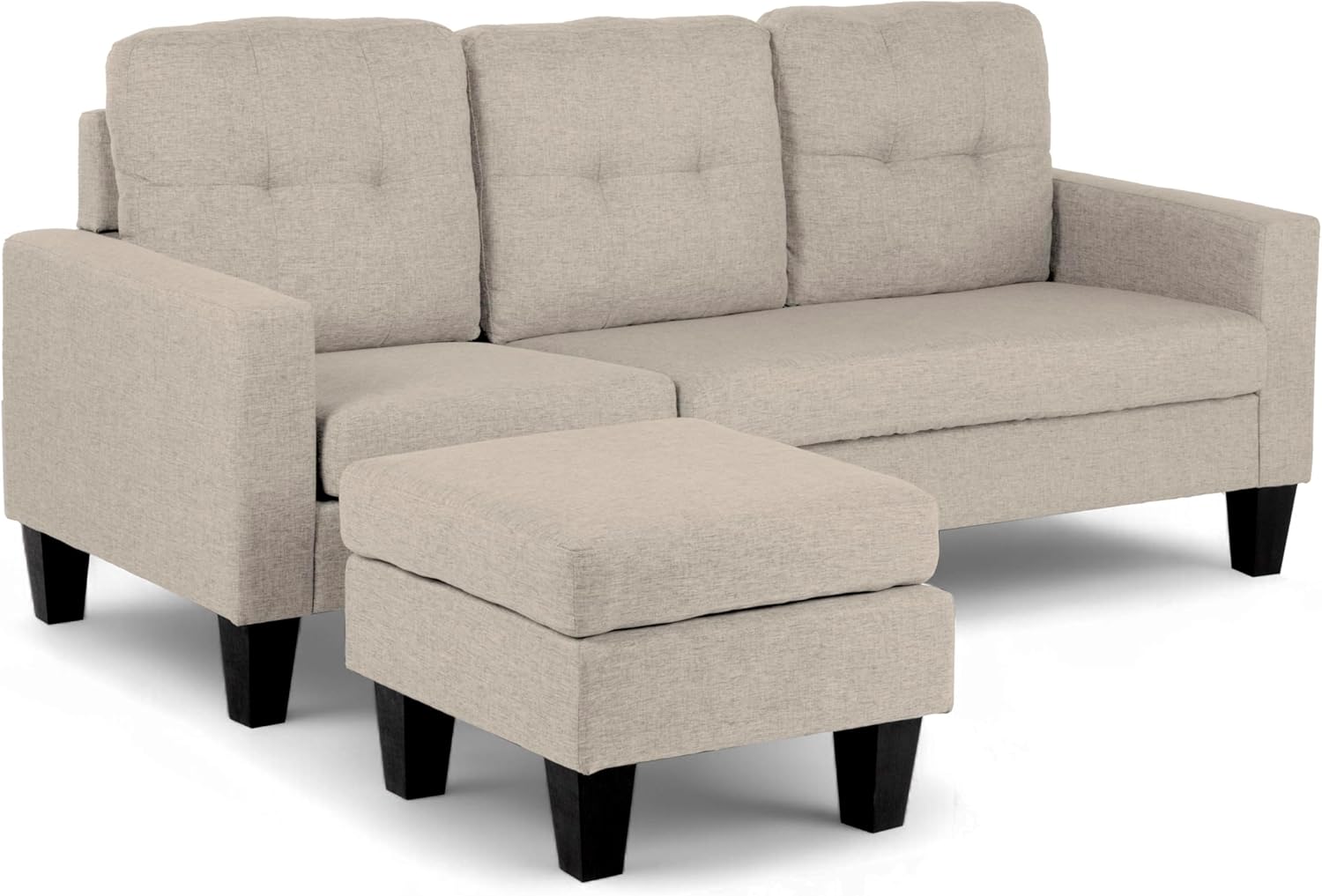 Kingshouse Sala Esquinera en L de Madera de Alta Calidad y Durabilidad, con Taburete y Diseño Reversible, Moderna Ideal para Espacios Pequeños, Tapizado Tipo Lino y Cojines Removibles