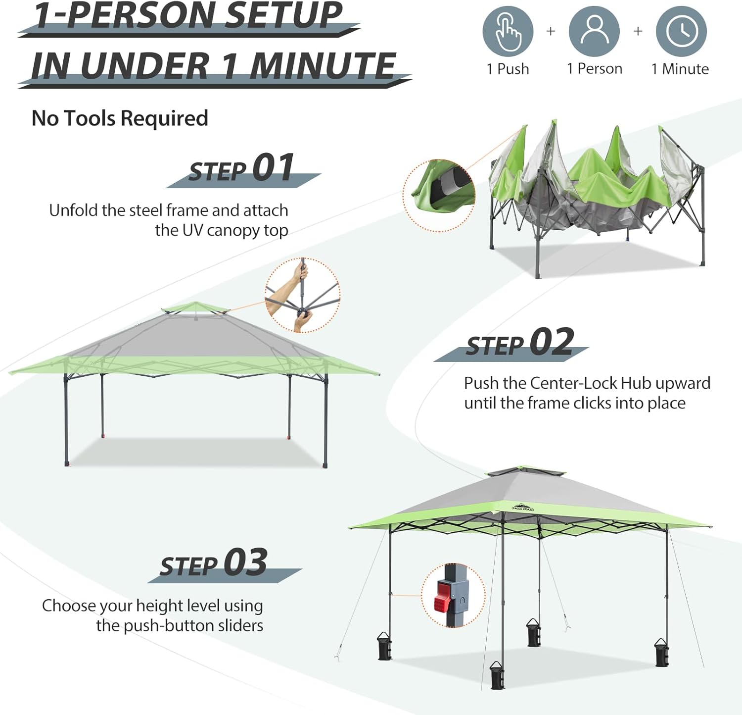 EAGLE PEAK - Toldo desplegable de pierna recta de 13 x 13 pulgadas, toldo instantáneo para exteriores, fácil instalación para una sola persona, refugio plegable con aleros de extensión automática, 169 pies cuadrados de sombra (gris)