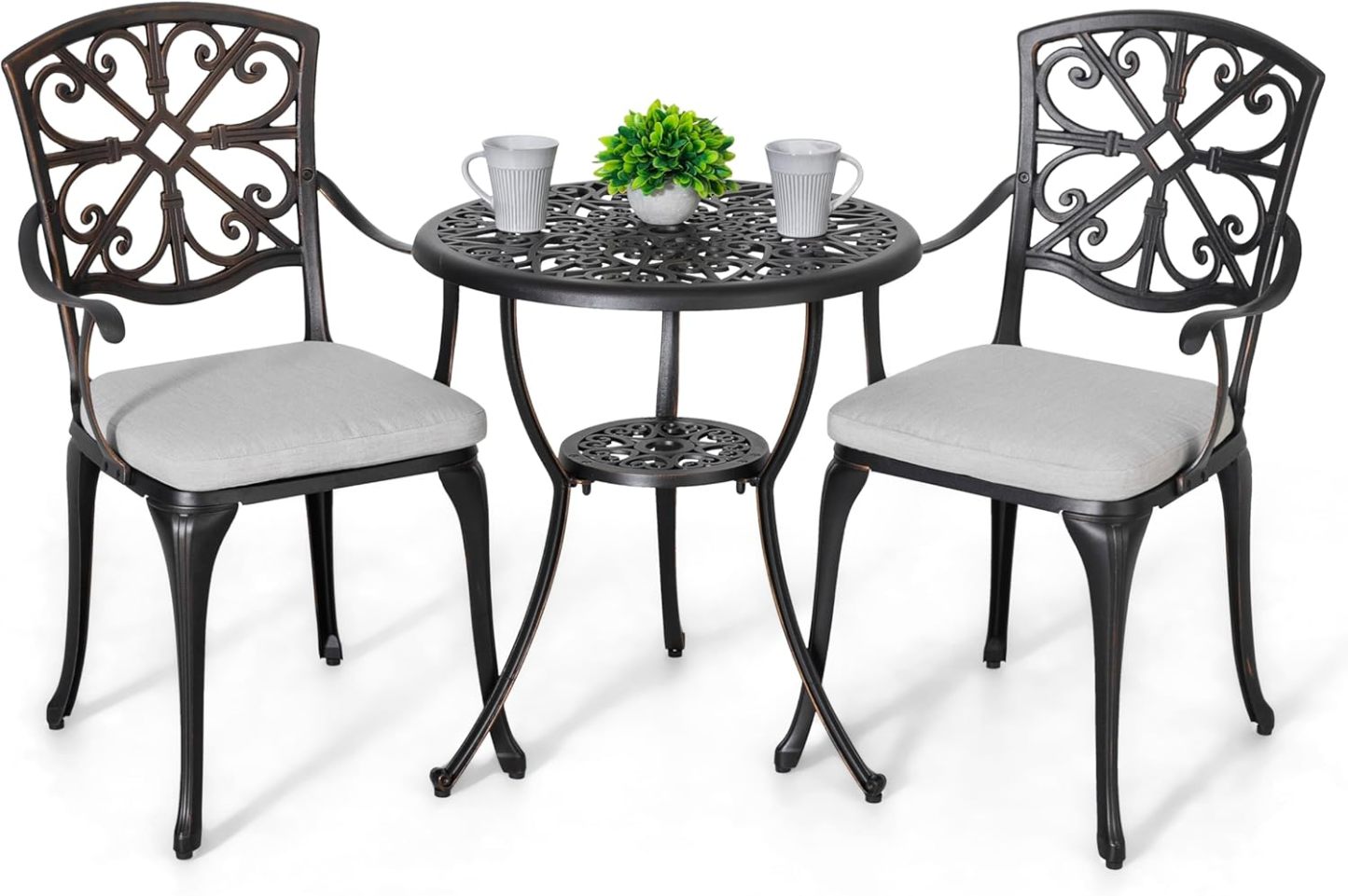 NUU GARDEN - Juego de bistr�� de 3 piezas para exteriores, todo clima, aluminio fundido, juego de mesa y sillas de patio, juego de 2 con agujero para sombrilla y cojines grises para el patio trasero