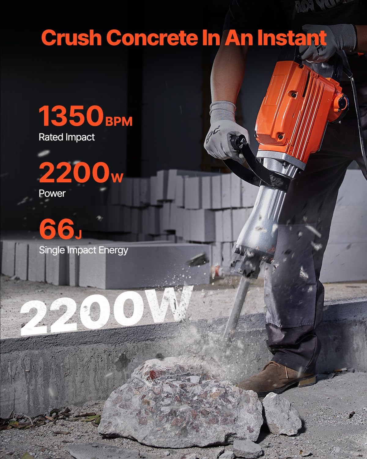 VEVOR - Martillo de demolición, MAX 2200 W, martillo eléctrico resistente, 1350 BPM, 6 piezas de cinceles con estuche