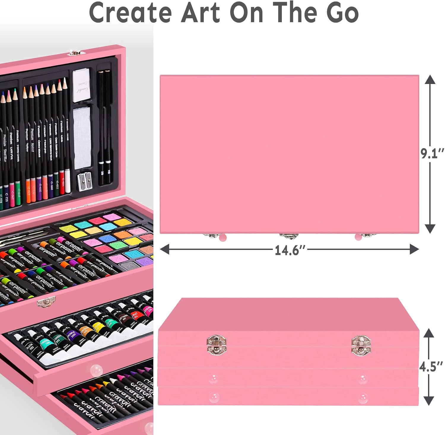Juego de arte de lujo de 175 piezas con 2 almohadillas para orejas de dibujo, pinturas acrílicas, lápices de colores, juego de pintura en caja de madera, kit de arte profesional, suministros de arte