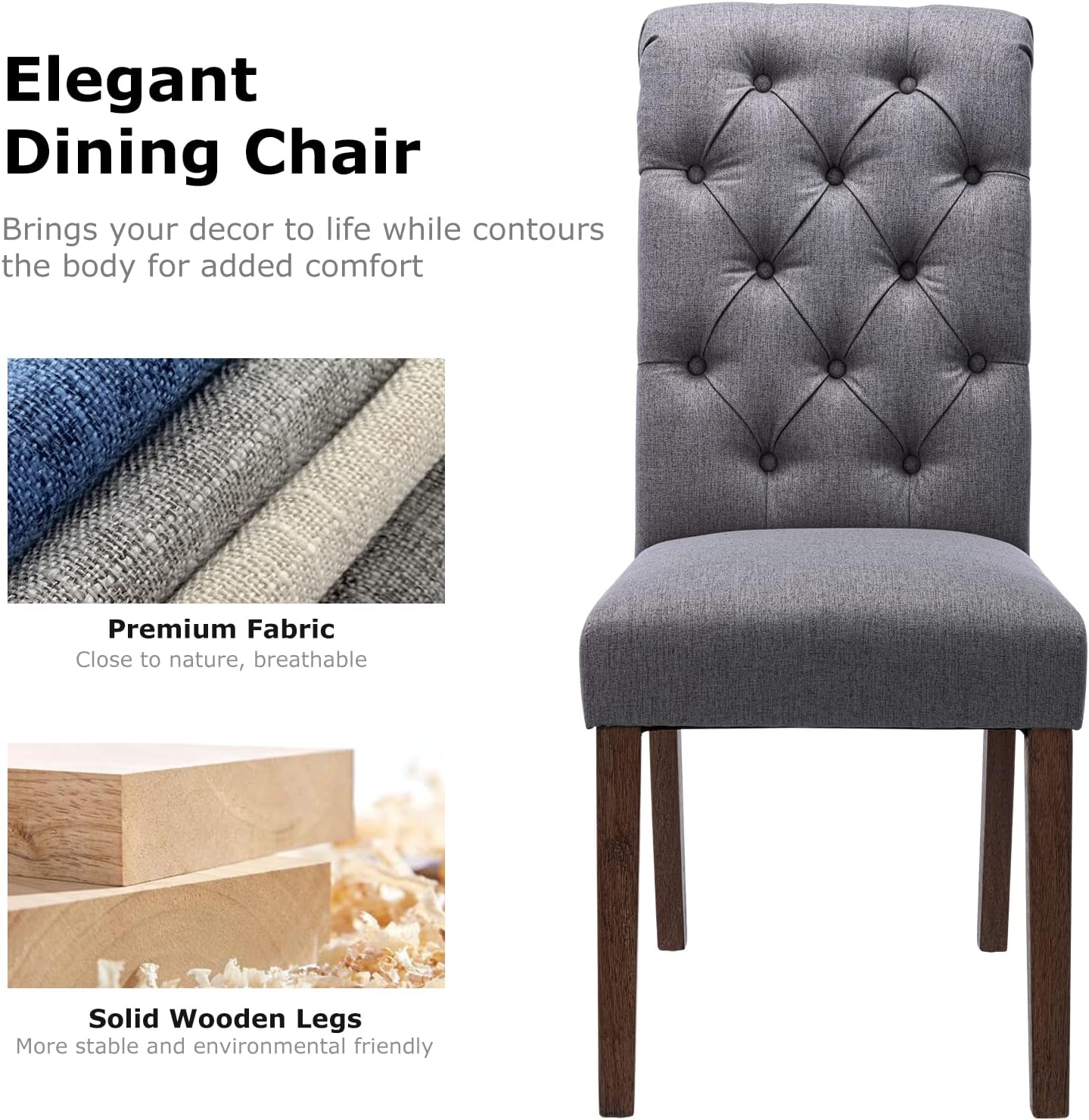 COLAMY - Juego de 6 sillas de Comedor con Botones y tapizadas, con Patas de Madera Maciza y Asiento Acolchado para Comedor, Cocina, Color Gris