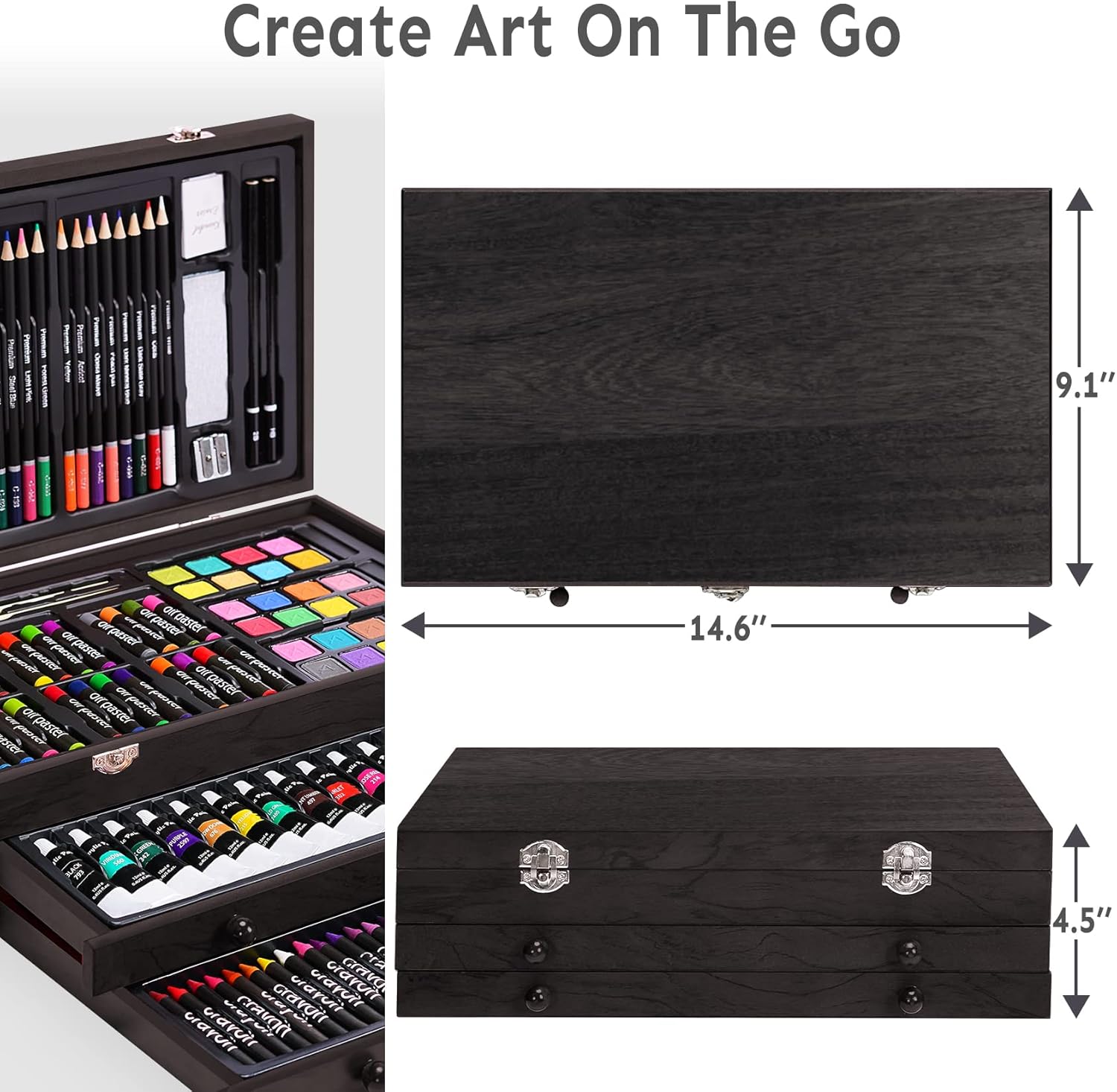 Juego de arte de lujo de 175 piezas con 2 almohadillas para orejas de dibujo, pinturas acrílicas, lápices de colores, juego de pintura en caja de madera, kit de arte profesional, suministros de arte