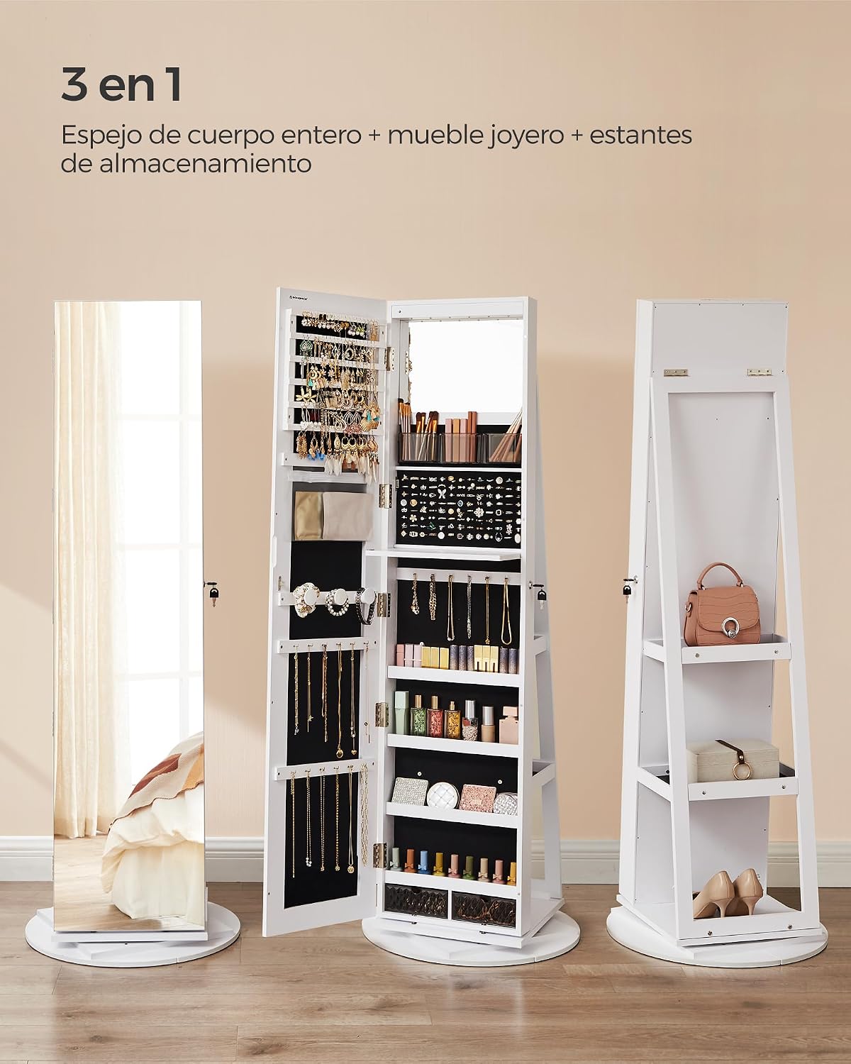 ✨ Espejo de Cuerpo Entero con Armario Joyero Giratorio 360° | Luz LED de 3 Colores | Organizador con Cerradura | Almacenamiento Multifuncional para Dormitorio 💎