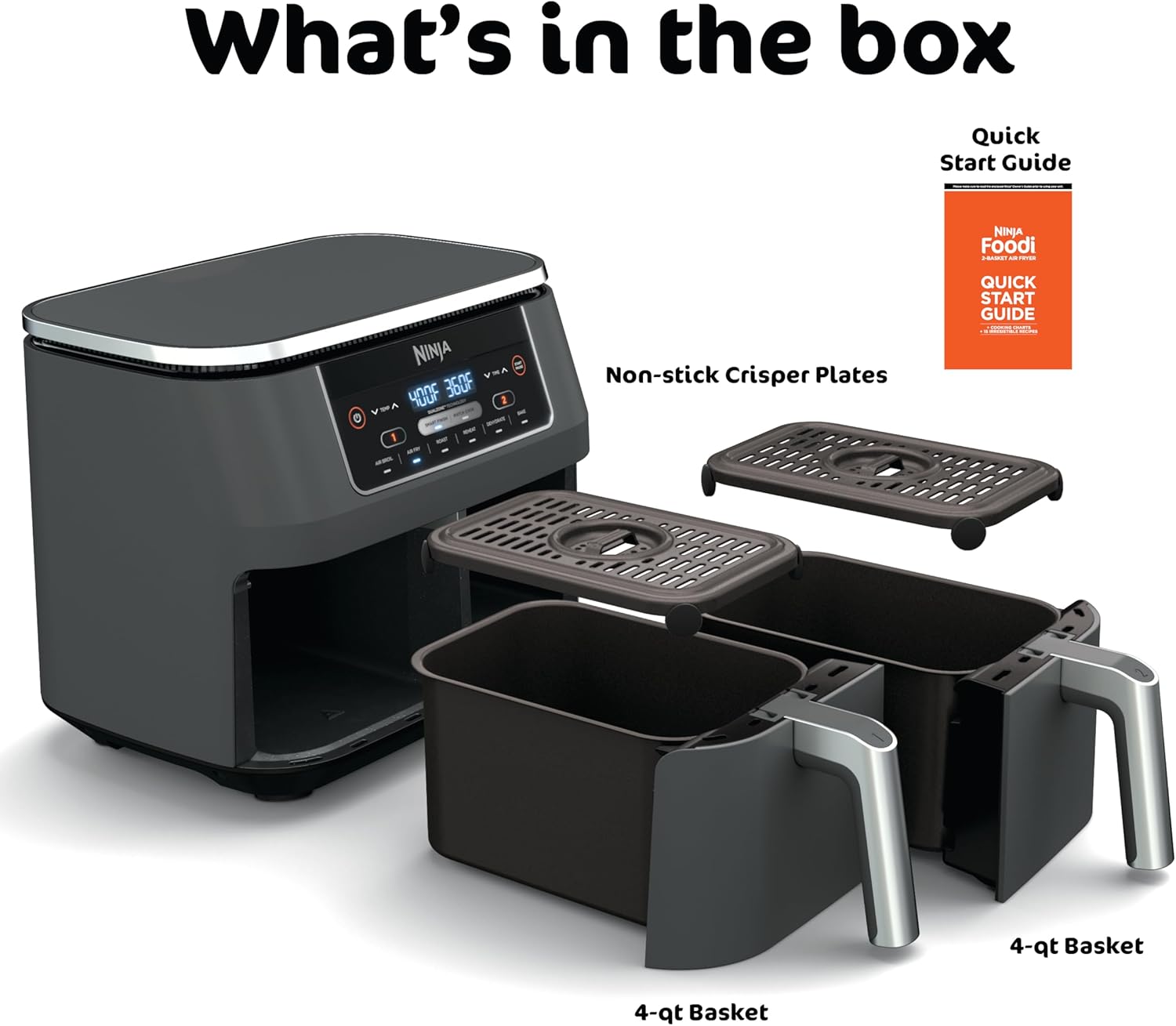 NINJA, Freidora de Aire Foodi, 8 QT, 6 en 1, DualZone, Con 2 Cestas Independientes para Freír, Match Cook y Smart Finish para Asar, Deshidratar y más para comidas rápidas y fáciles, Gris, DZ201