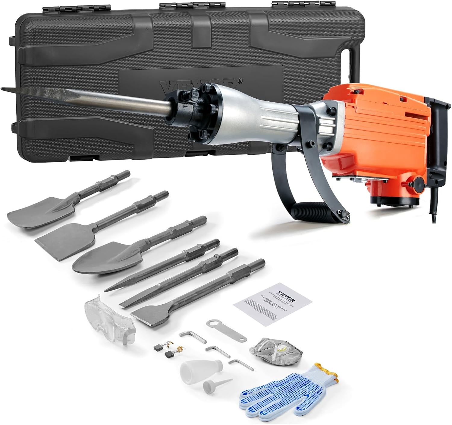 VEVOR - Martillo de demolición, MAX 2200 W, martillo eléctrico resistente, 1350 BPM, 6 piezas de cinceles con estuche