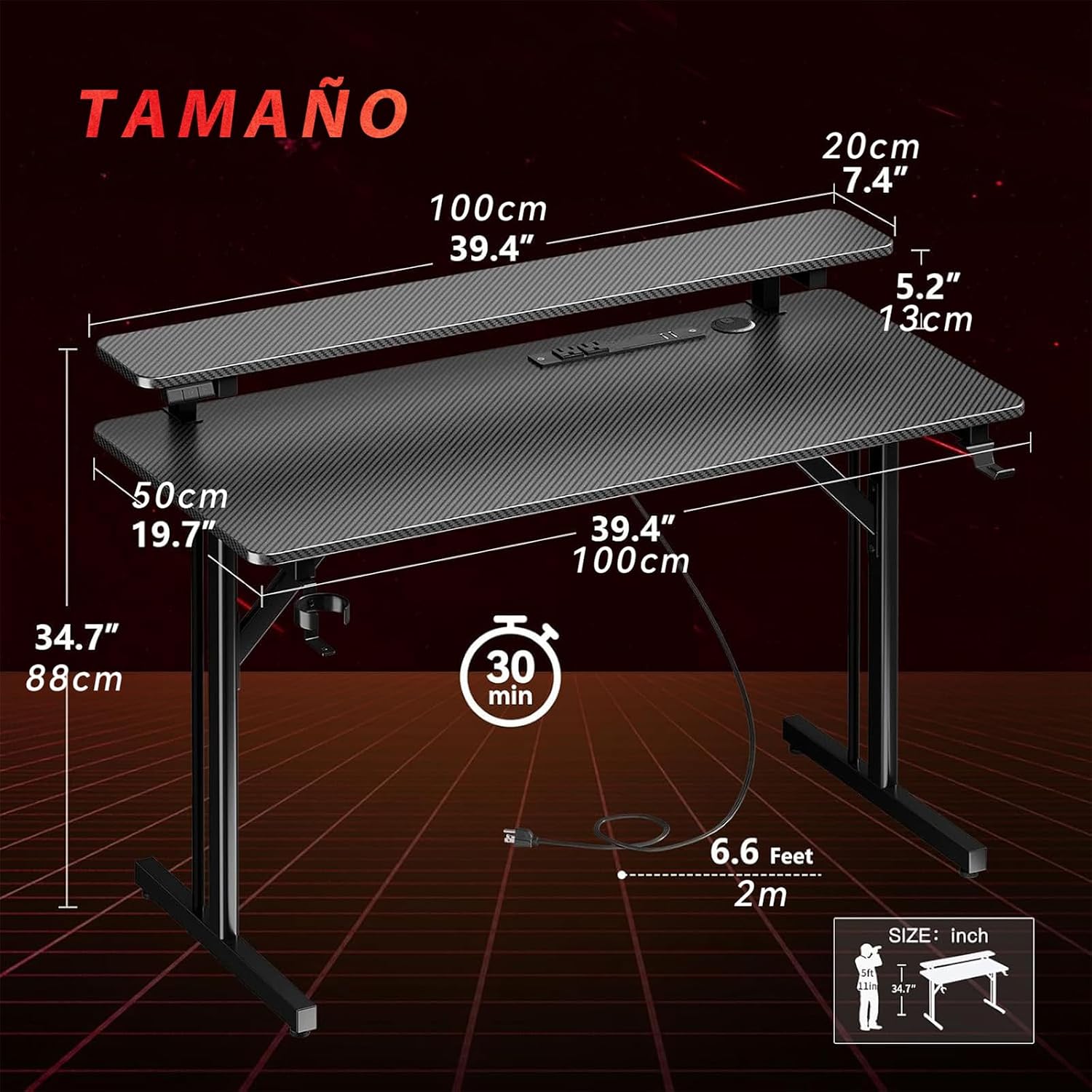🎧SAFONUS Escritorio Gamer RGB 1M con Luces LED, Soporte para Monitor | 🎮Enchufes Integrados, Gancho para Audífonos, Superficie de Fibra de Carbono Impermeable, Mesa para PC Gaming Negra